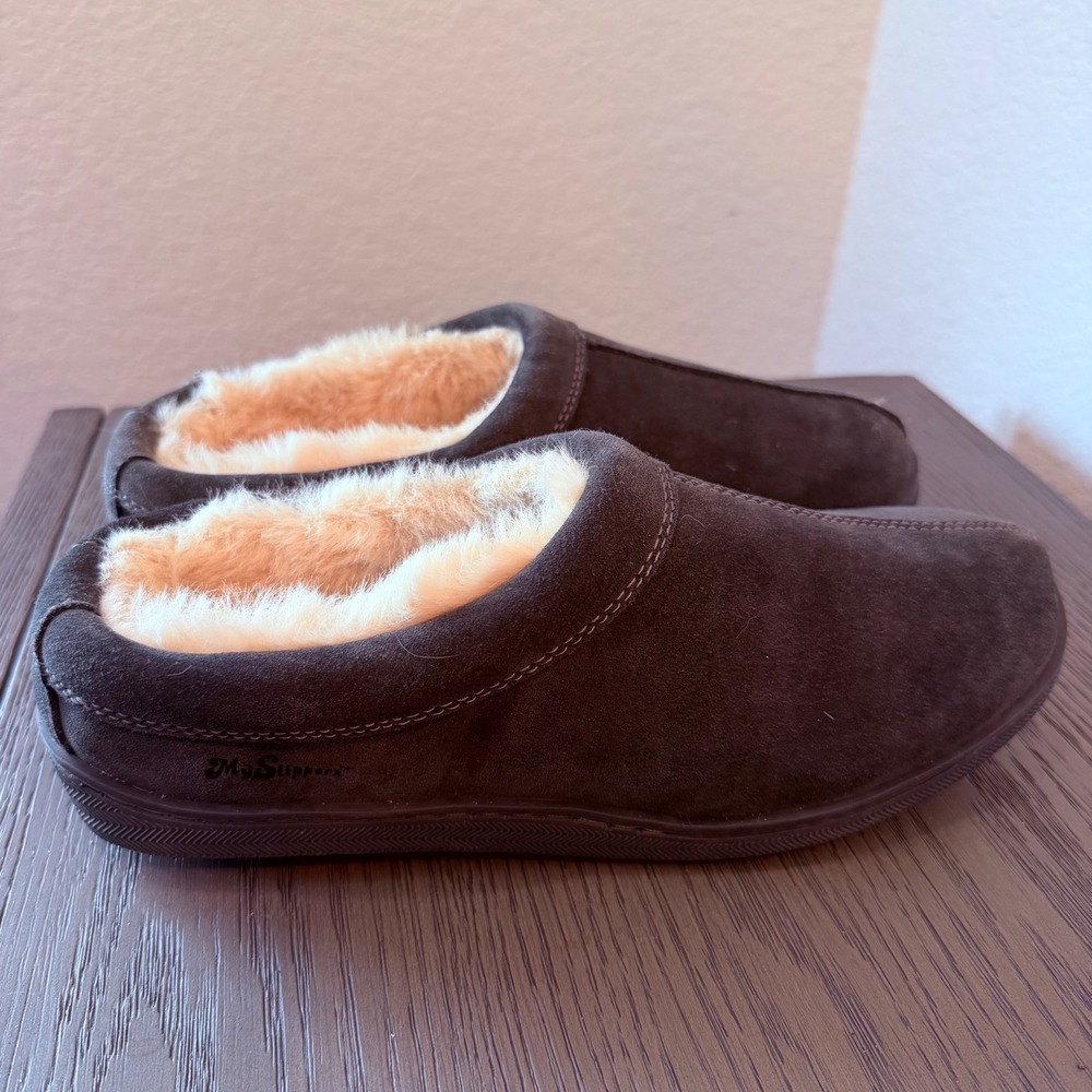MyPillow MySlippers Mens Size 10 Brown Leather Suede Faux Fur Slippers 74345-04